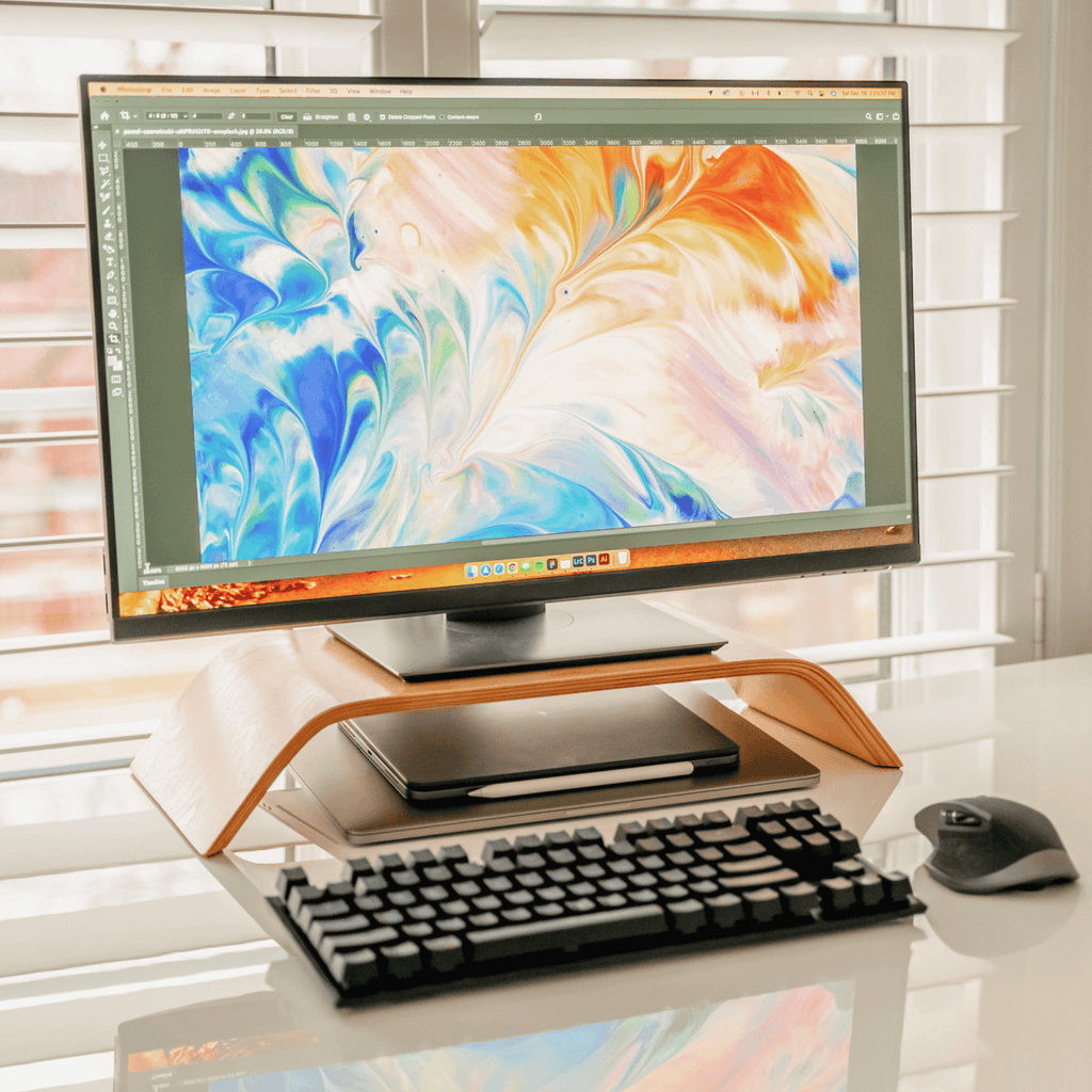 This wood monitor stand desk accessory brings improved ergonomics